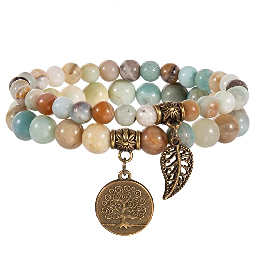 Detalle de Farfume Chakra: Pulseras Dobles de Amazonita para Mujer con Dije Árbol de la Vida