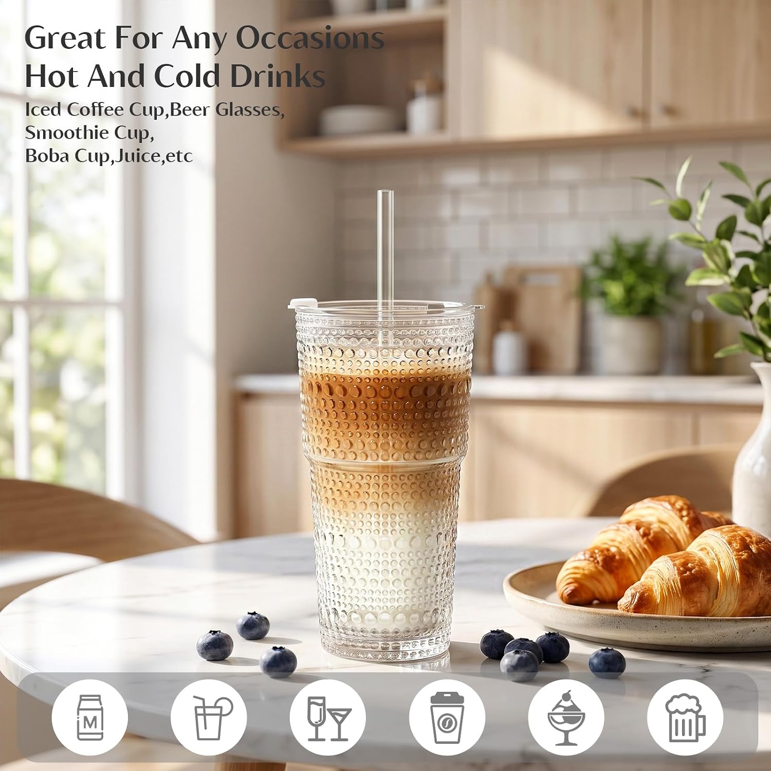 Thumbnail 1 de INSETLAN 20oz Hobnail Glass Cups with Lids and Glass Straws — 4 Pieces