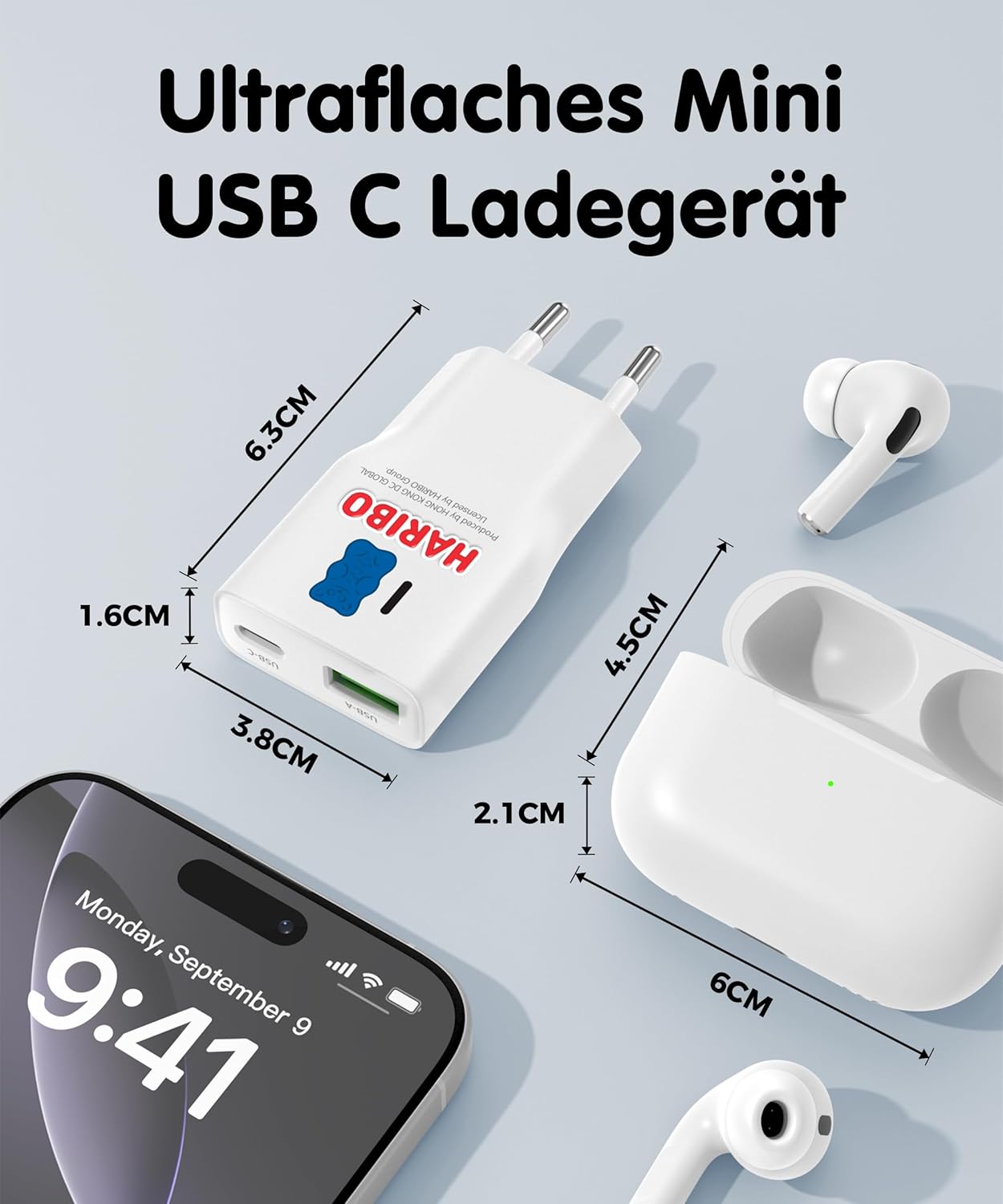 Detalle de Haribo 2-Pack Mini Chargeur USB-C 20W GaN PD3.0/QC – Chargeur mural compact et rapide