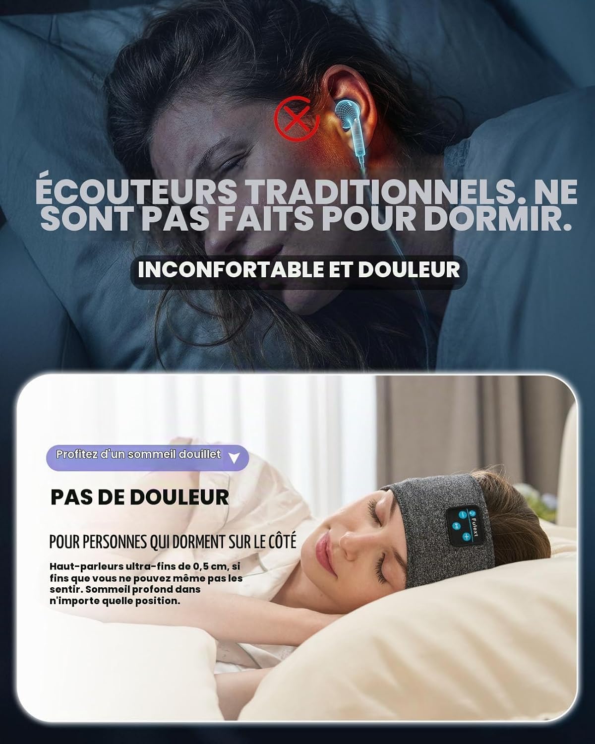 Detalle de Fulext FULH01 Bluetooth-slaaphoofdtelefoon, grijs gemêleerde elastische hoofdband