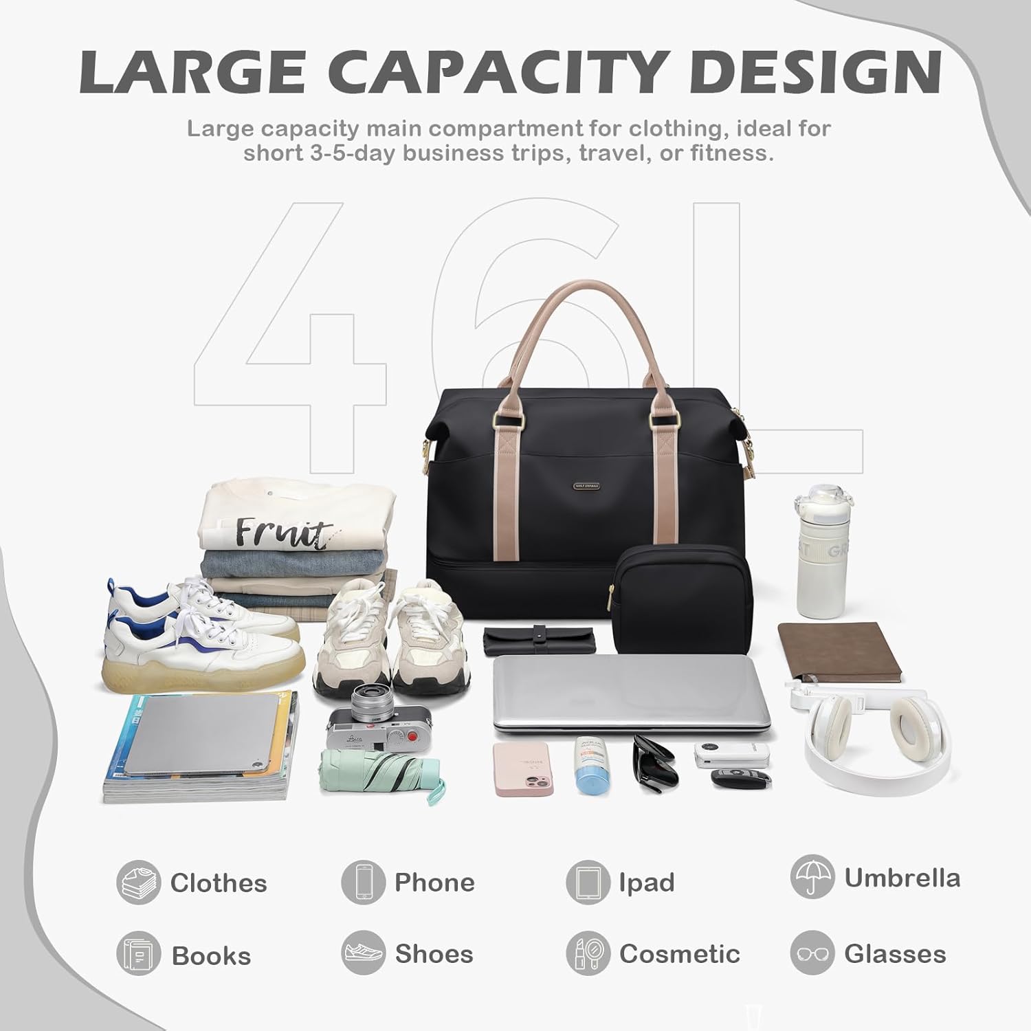 Thumbnail 5 de 46L Sac de Voyage pour Femme avec Compartiment à Chaussures et Trousse de Toilette – Noir