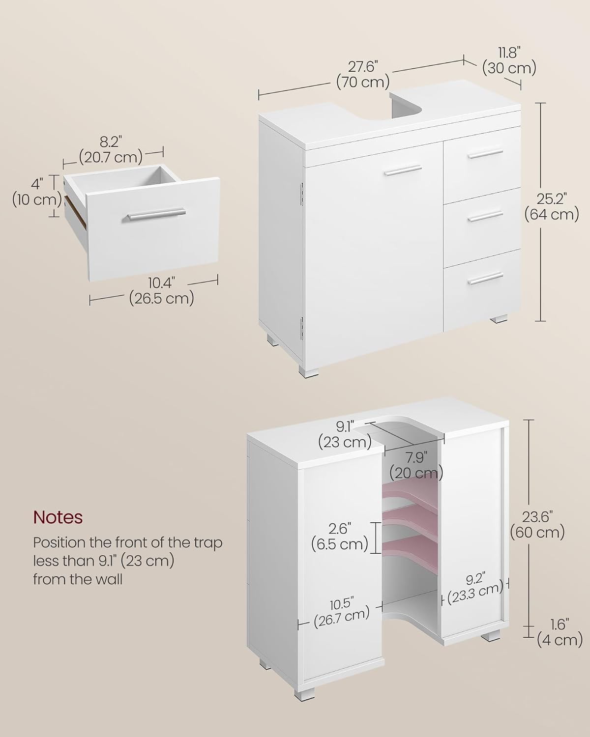 Detalle de VASAGLE under sink cabinet with 3 drawers