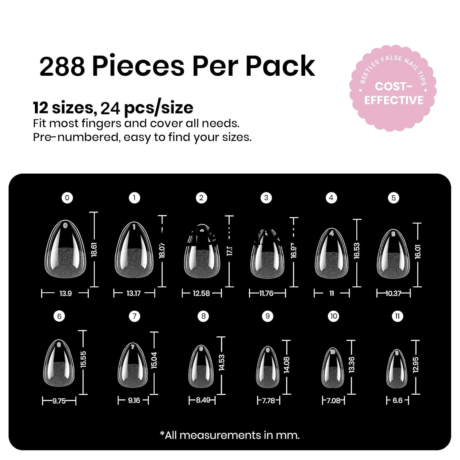 Thumbnail 4 de Beetles Extra Short Almond Nail Tips (Etch-X), 288 PCS, 12 Sizes Clear Full Cover Press-On