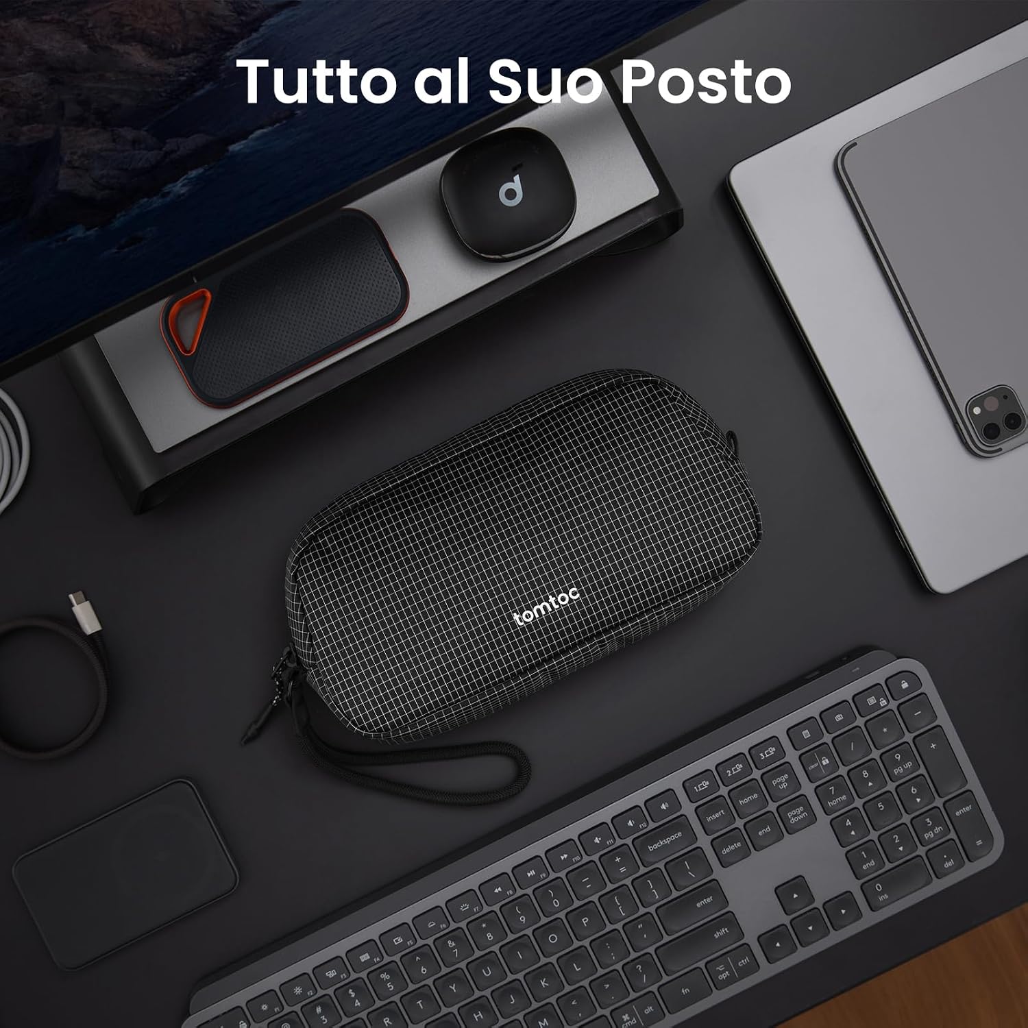 Detalle de tomtoc T12 New Techpouch UK Plaid nero (S) – organizer snello per accessori e dispositivi