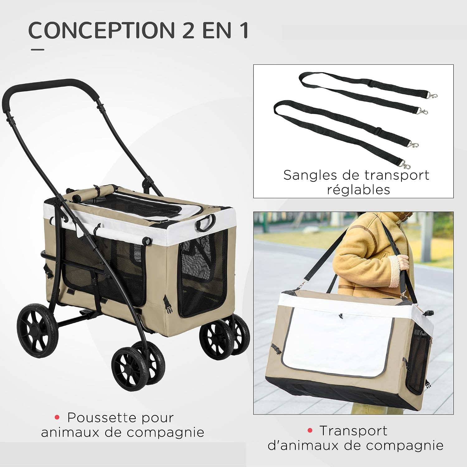 Detalle 1 de PawHut D00-192V00KK hondenbuggy, 2-in-1 met afneembare reiswieg en 600D Oxford-stof