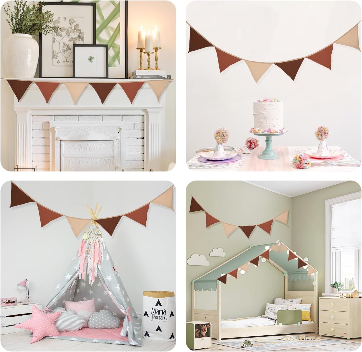 Thumbnail 5 de G2PLUS Muslin Fabric Bunting for Nursery (6-Flag, 1.9m) - Double-Sided Cotton Triangle Banner in Coffee & Beige