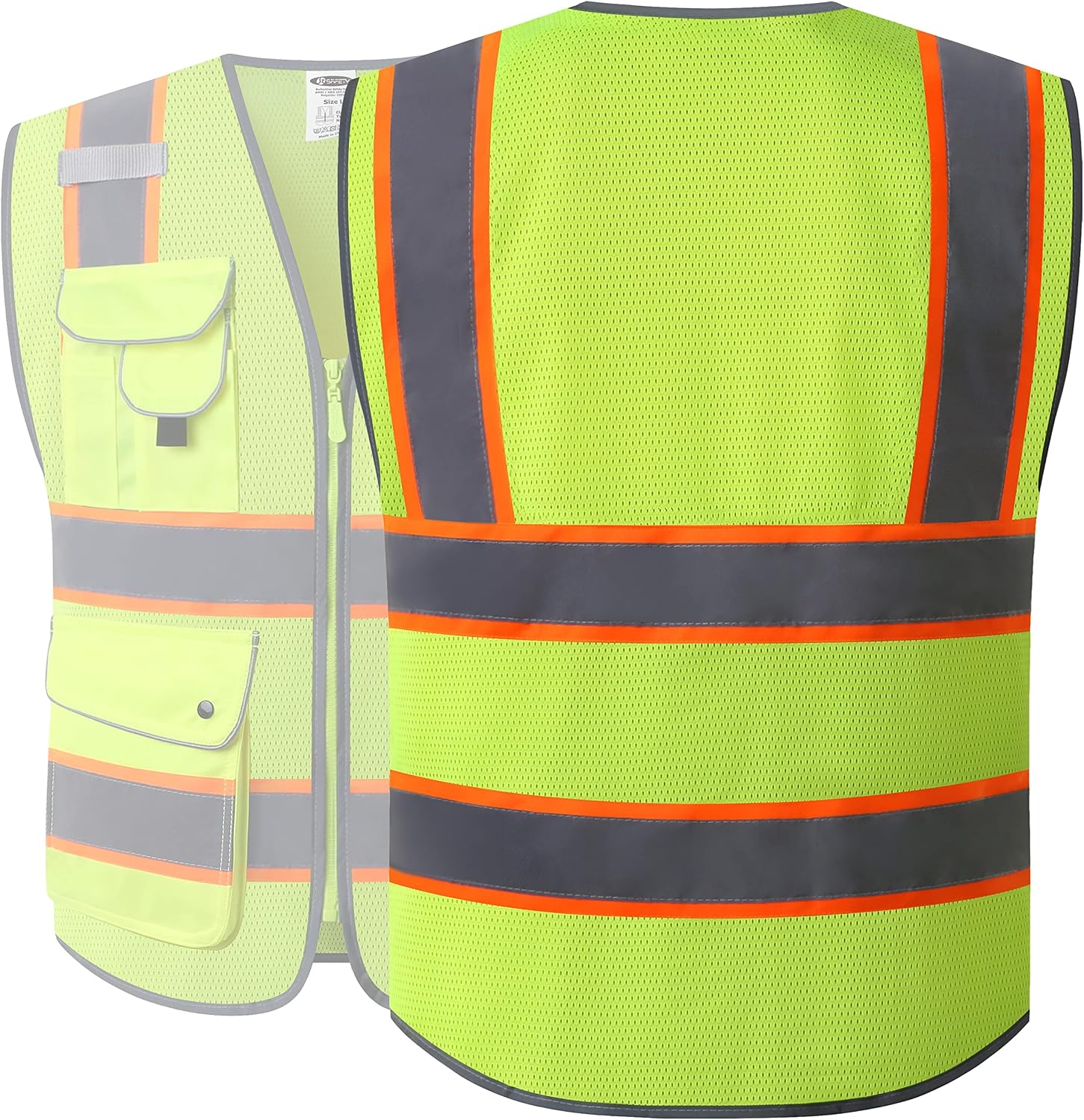 Detalle de JKSafety 9-Pocket Hi-Vis Neon Yellow Zipper Front Mesh Safety Vest (ANSI/ISEA Class 2, 100-Yellow, Size L)
