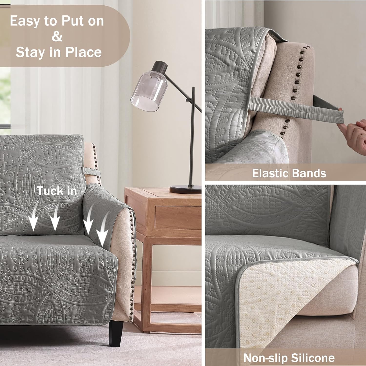 Thumbnail 3 de Pamhaven Quilted Grand Sofa Covers: 88" Water-Repellent Slipcover with Side Pockets