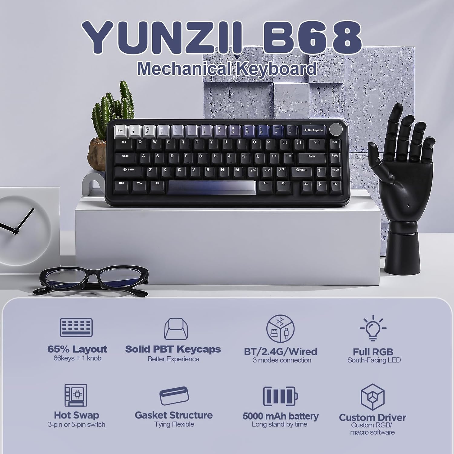 Detalle 2 de YUNZII B68 Wireless Mechanical Keyboard — Tri-Mode, Hot-Swappable, Gasket Mounted with RGB and NKRO