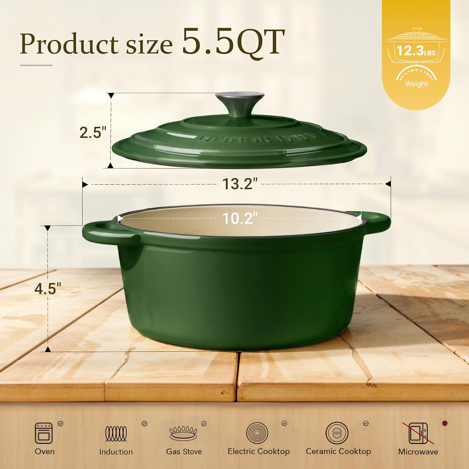 Detalle de Overmont 26cm Enamelled Cast Iron Round Casserole with Lid (5.2L) – Green