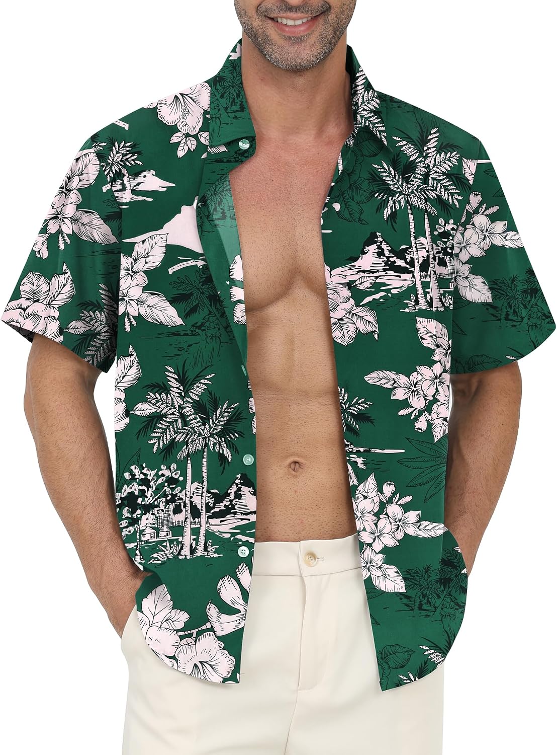 Detalle de Chemise hawaïenne homme Gavliuu à manches courtes imprimé tropical, tissu léger et coupe décontractée