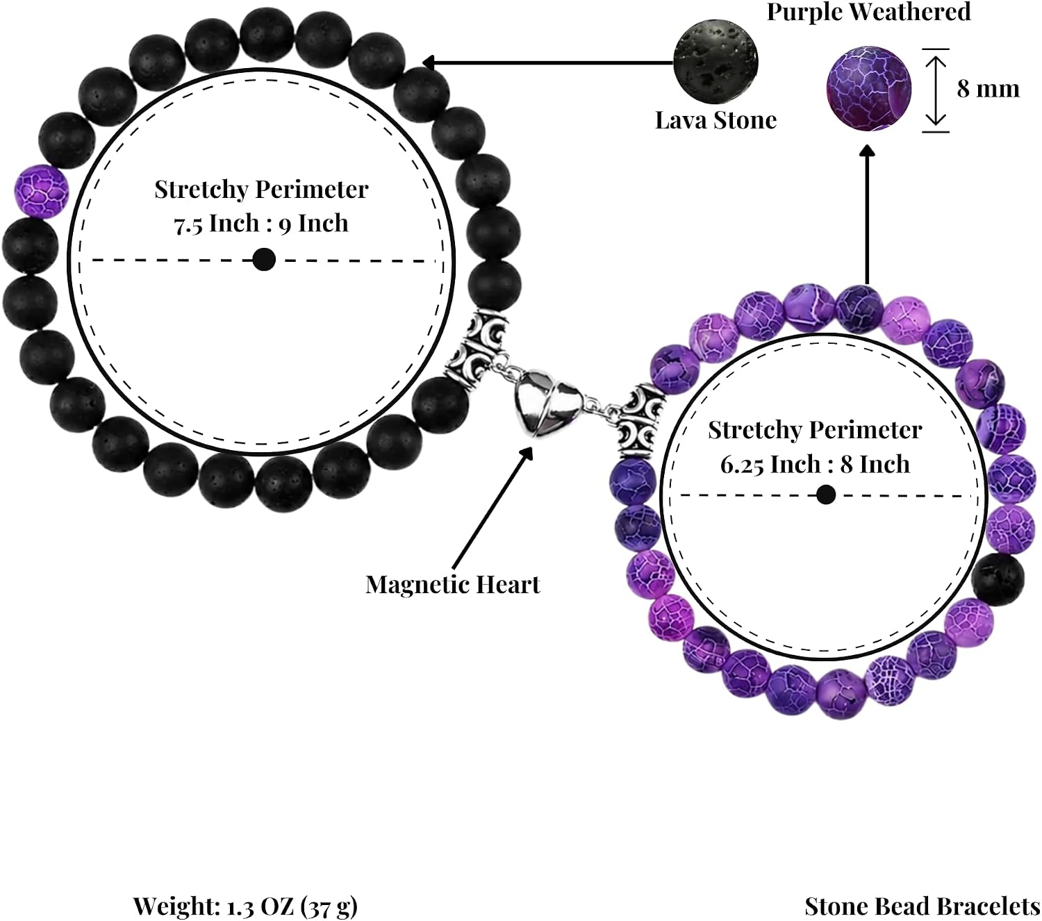 Detalle de Jexiva Set of 2 Matching Magnetic Heart Bracelets – Lava Stone + Howlite (Unisex, Stretch)