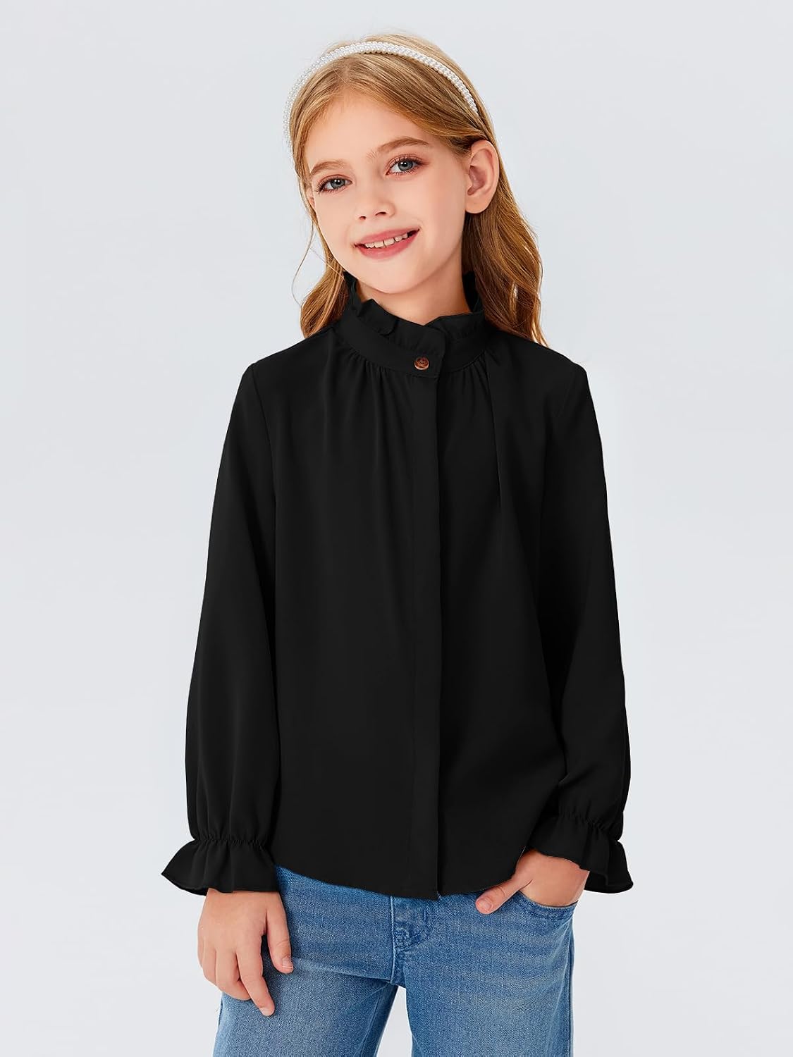 Thumbnail 1 de Haloumoning meisjesblouse met lange mouwen, ruches en opstaande kraag