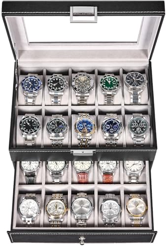 Detalle de BEWISHOME Caja de Relojes ESSH04B: estuche con 20 compartimentos y tapa de cristal