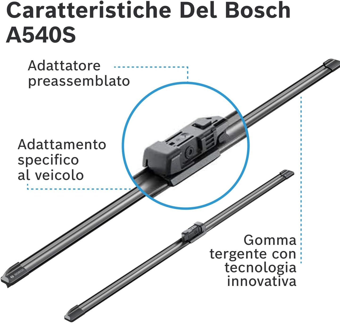 Detalle de Bosch Aerotwin A540S: Set tergicristalli anteriori 680/625 mm con adattatore preassemblato
