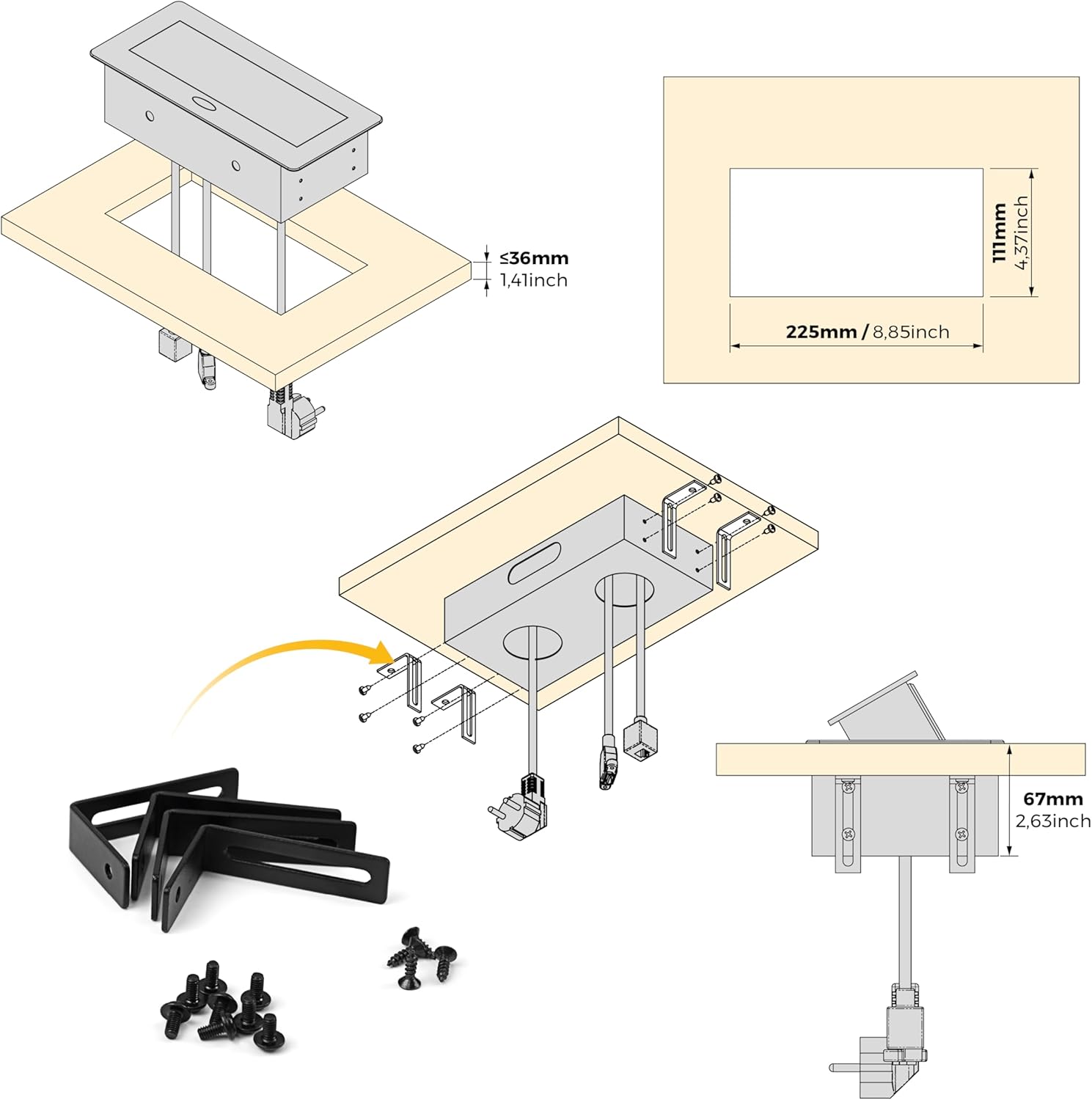 Thumbnail 3 de Emuca Ausziehbare Vielfachsteckerleiste für Tischintegration – USB, RJ45, HDMI, 2 Schuko, 225×111 mm Einbau