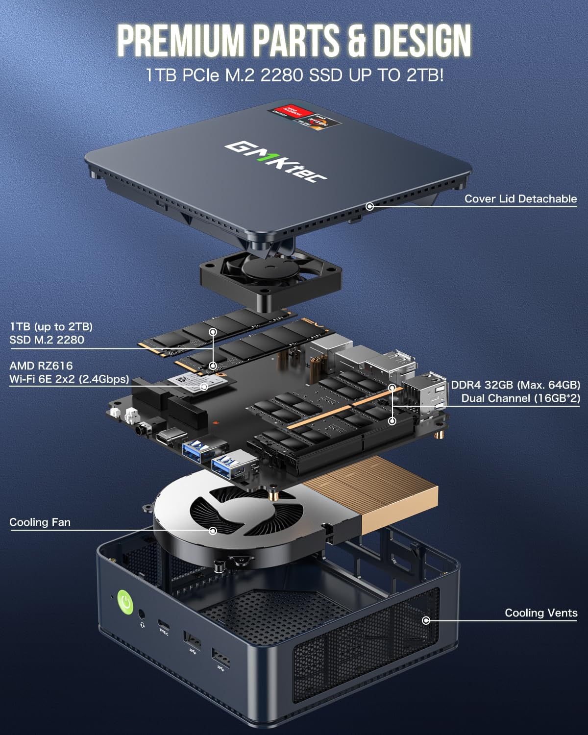 Detalle 2 de GMKtec Nucbox M5 Ultra mini PC with AMD Ryzen 7 7730U, 32GB DDR4 and 1TB PCIe SSD (Windows 11 Pro)