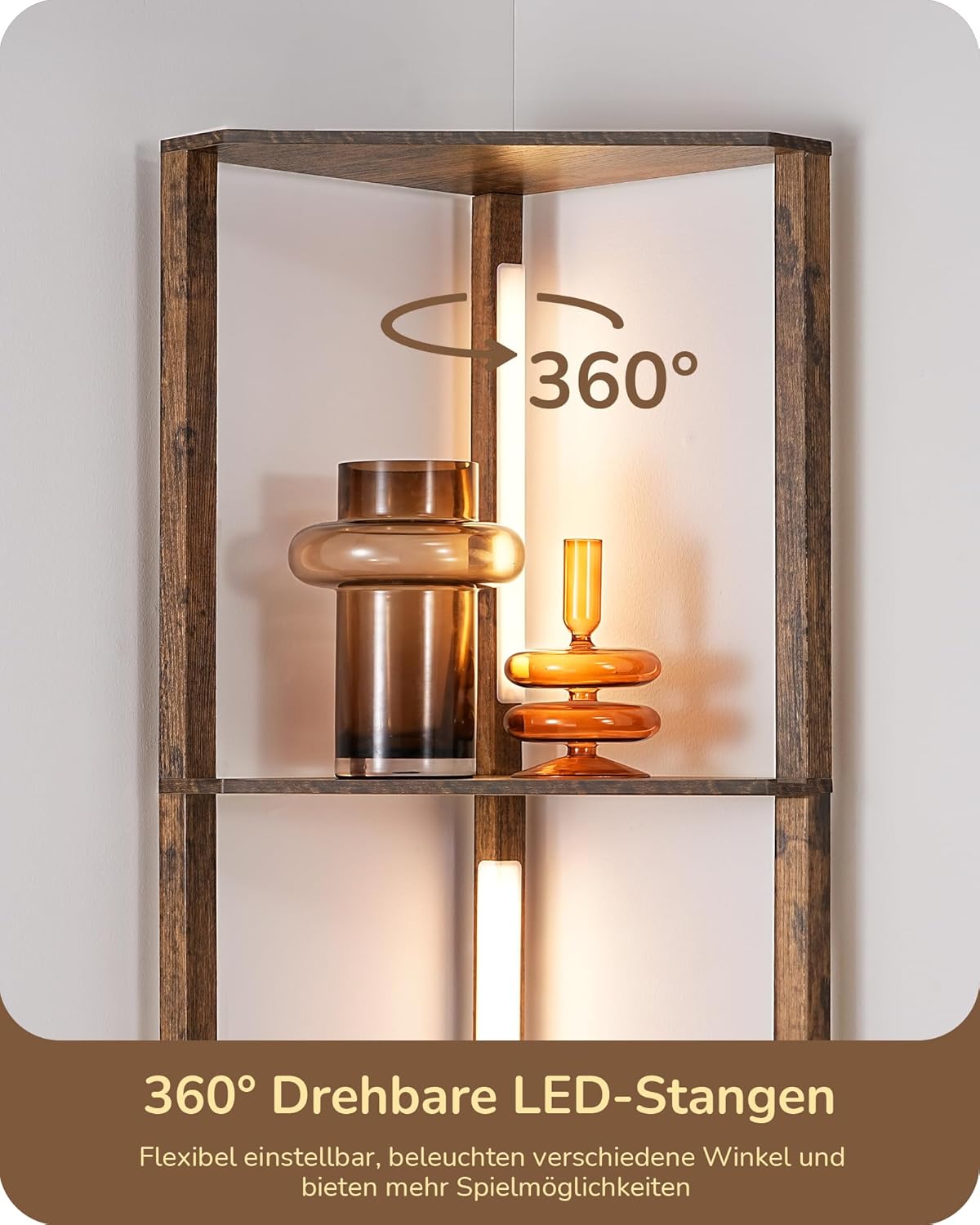 Thumbnail 6 de EDISHINE Stehlampe mit 4 Holz-Regal – LED-Dimmbar, 3-Farbtemperaturen, 360° Drehbarer Lichtmast, Fußschalter, Eckregal