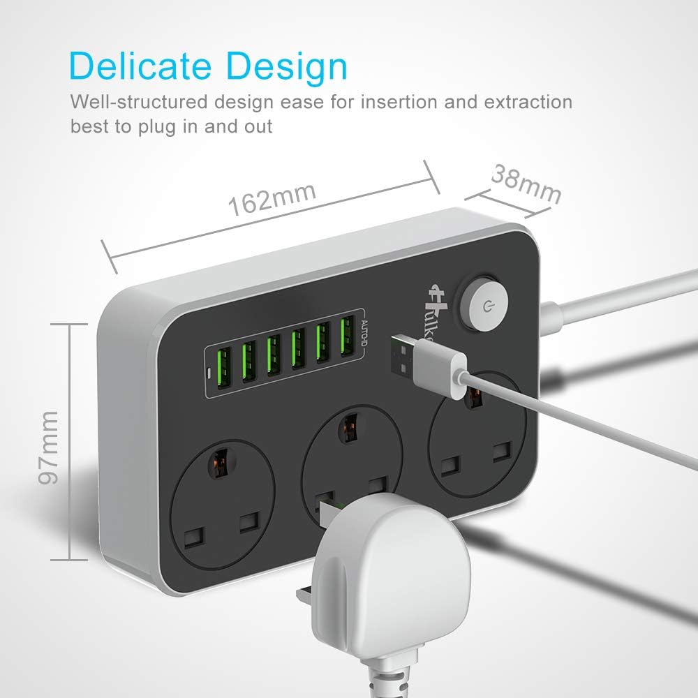 Detalle de Hulker Power Strip 3-way outlet with 6 USB 2m cable 🔌
