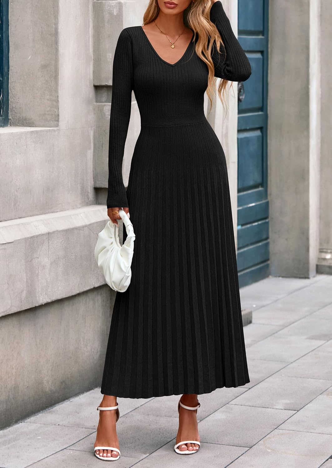 Thumbnail 1 de PRETTYGARDEN Long Sleeve Maxi Sweater Dress, Ribbed Knit, V-Neck, Pleated A-Line