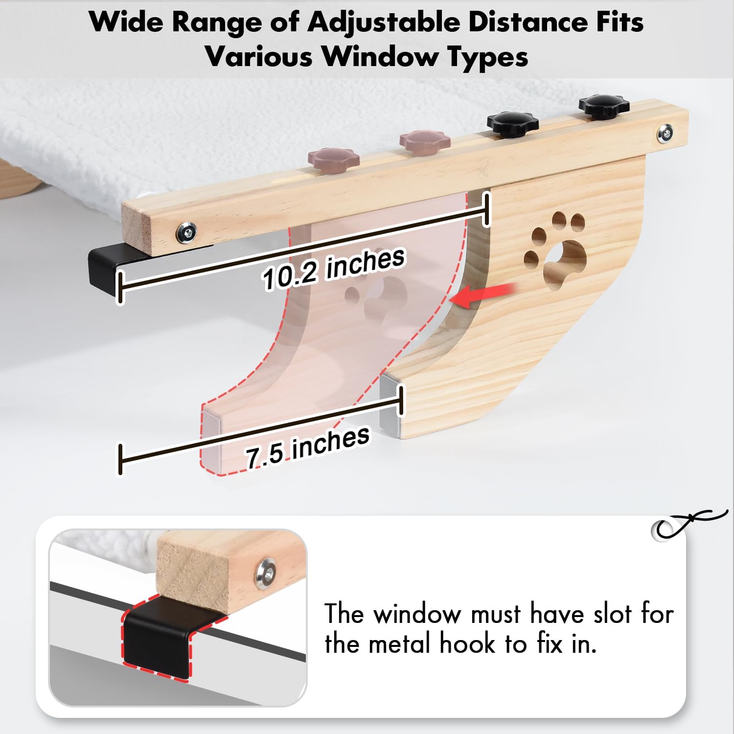 Detalle de AMOSIJOY SP110 Cat Windowsill Perch with Wood and Metal Frame, Washable Cover