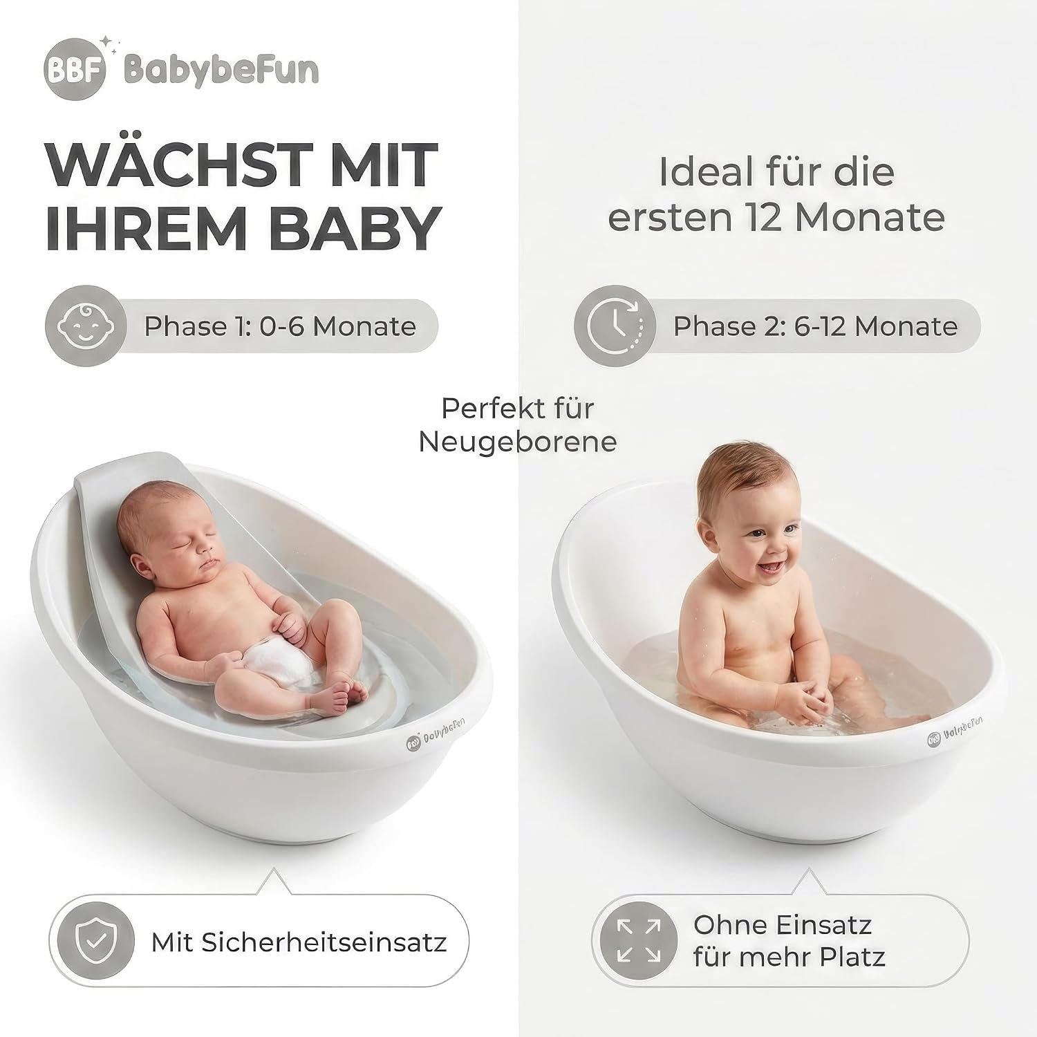 Thumbnail 3 de BabybeFun Baby-Badewanne mit Badewanneneinsatz für Neugeborene – rutschfest, für Dusche und Badewanne (0–12 Monate)