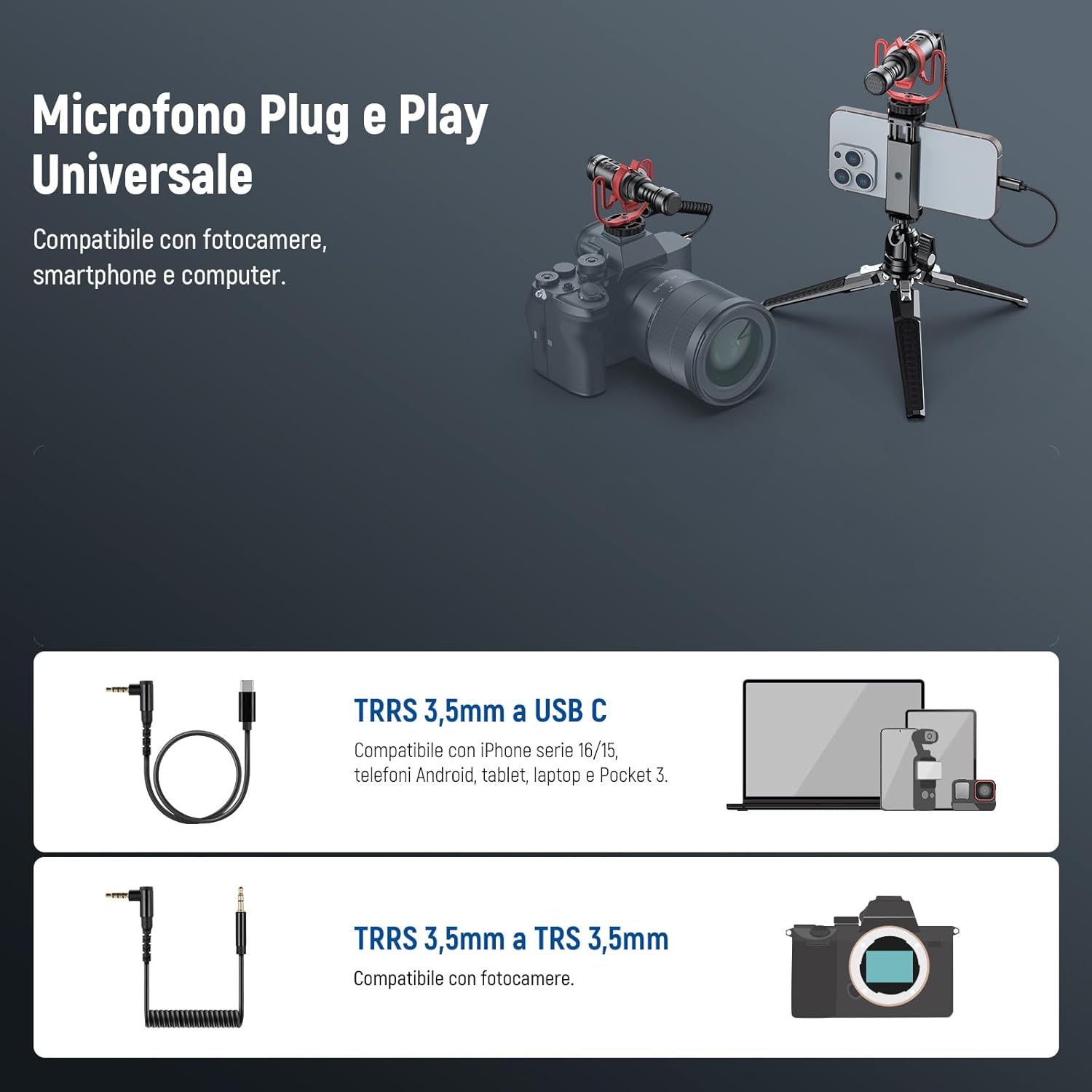 Thumbnail 6 de NEEWER VM11 microfono vlog plug e play supercardioide per fotocamere, iPhone, Android e PC