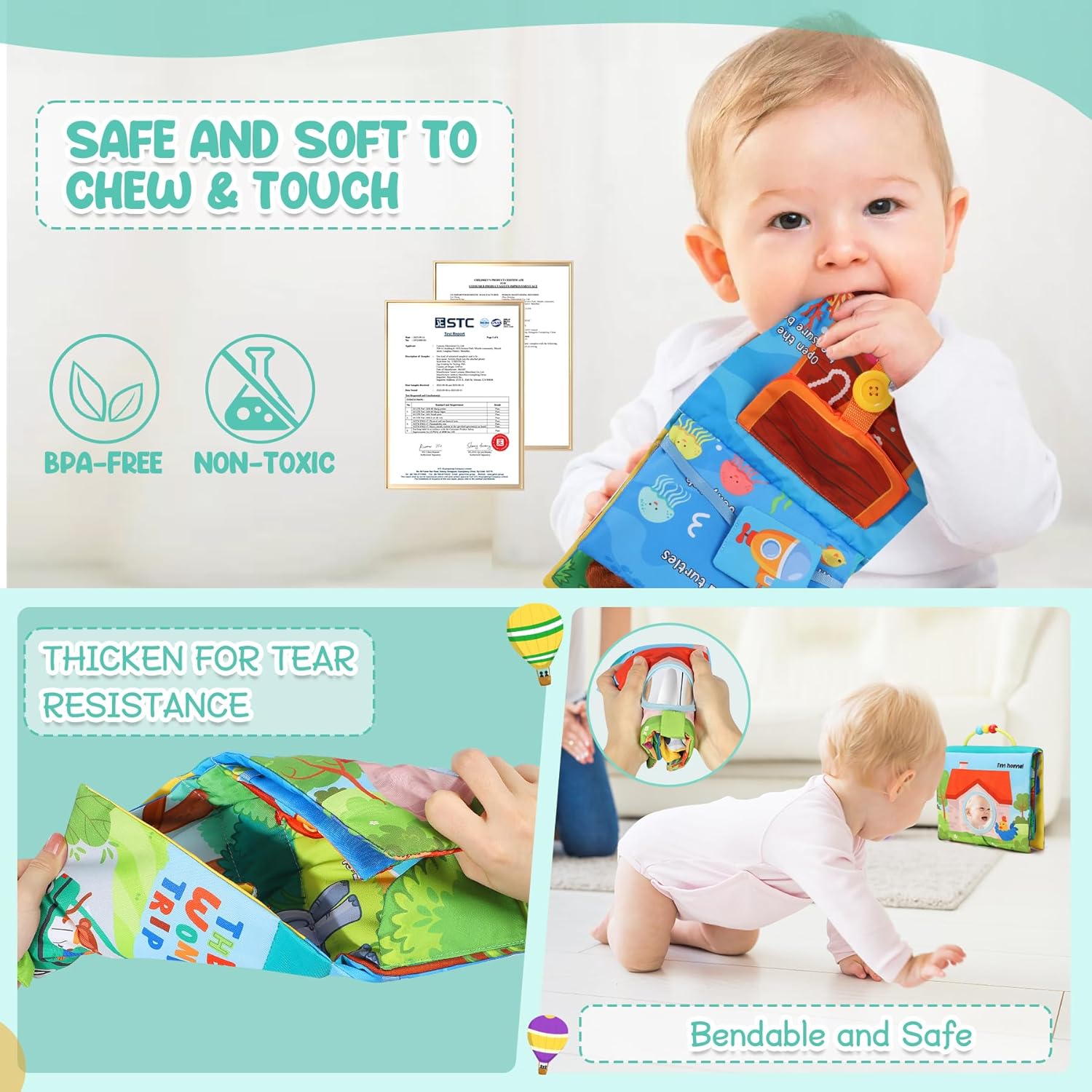 Thumbnail 5 de URMYWO Stoffbuch Baby mit Spiegel, Knisterbuch & Beißring – Quiet Book für 0–12 Monate