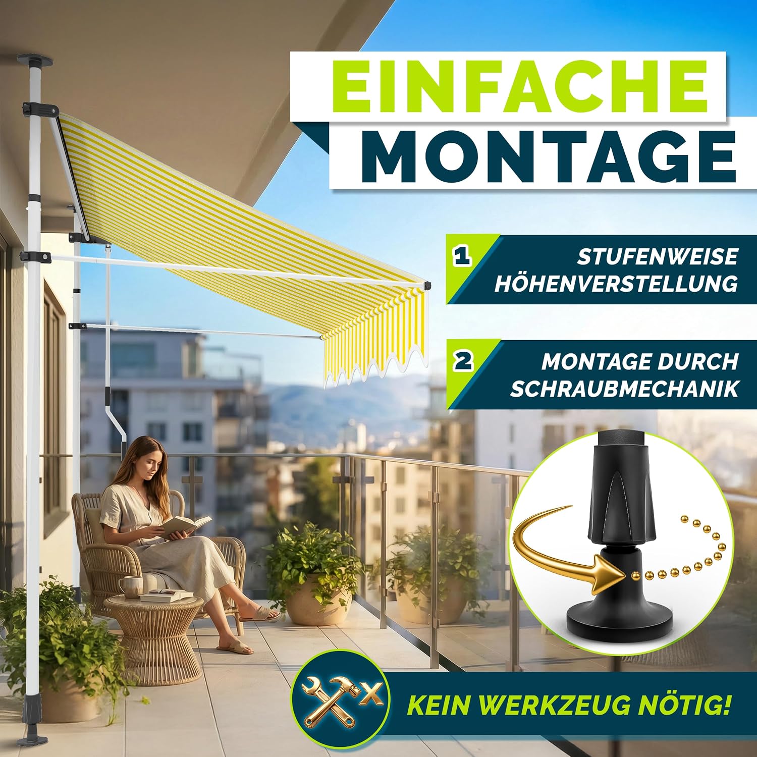 Detalle de tillvex Klemmmarkise mit Handkurbel Balkon – flexibler Sonnenschutz ohne Bohren, 300 cm
