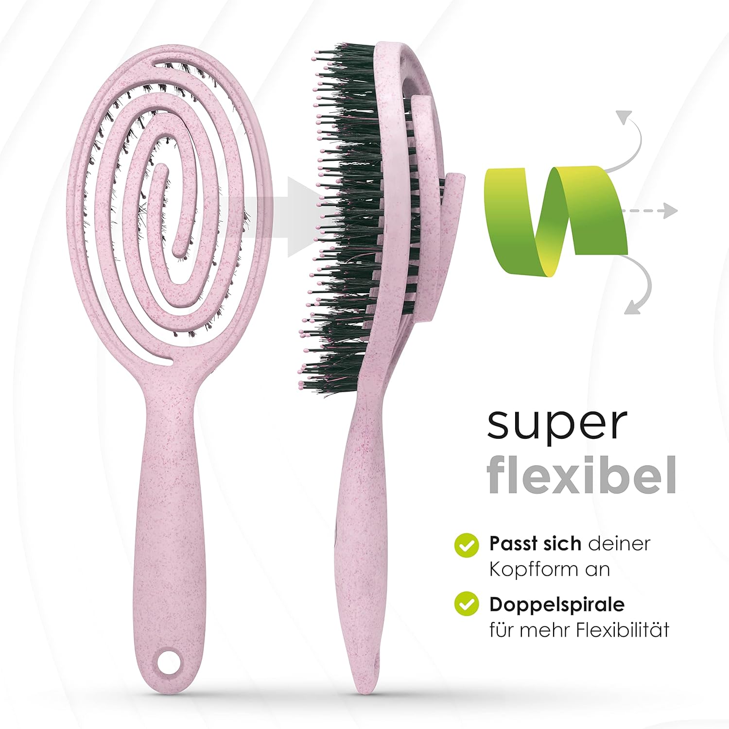 Thumbnail 1 de FABCARE Bio Haarbürste mit Wildschweinborsten rund (Rosa) – Detangler-Bürste mit Doppelspiralfeder inkl. E-Book