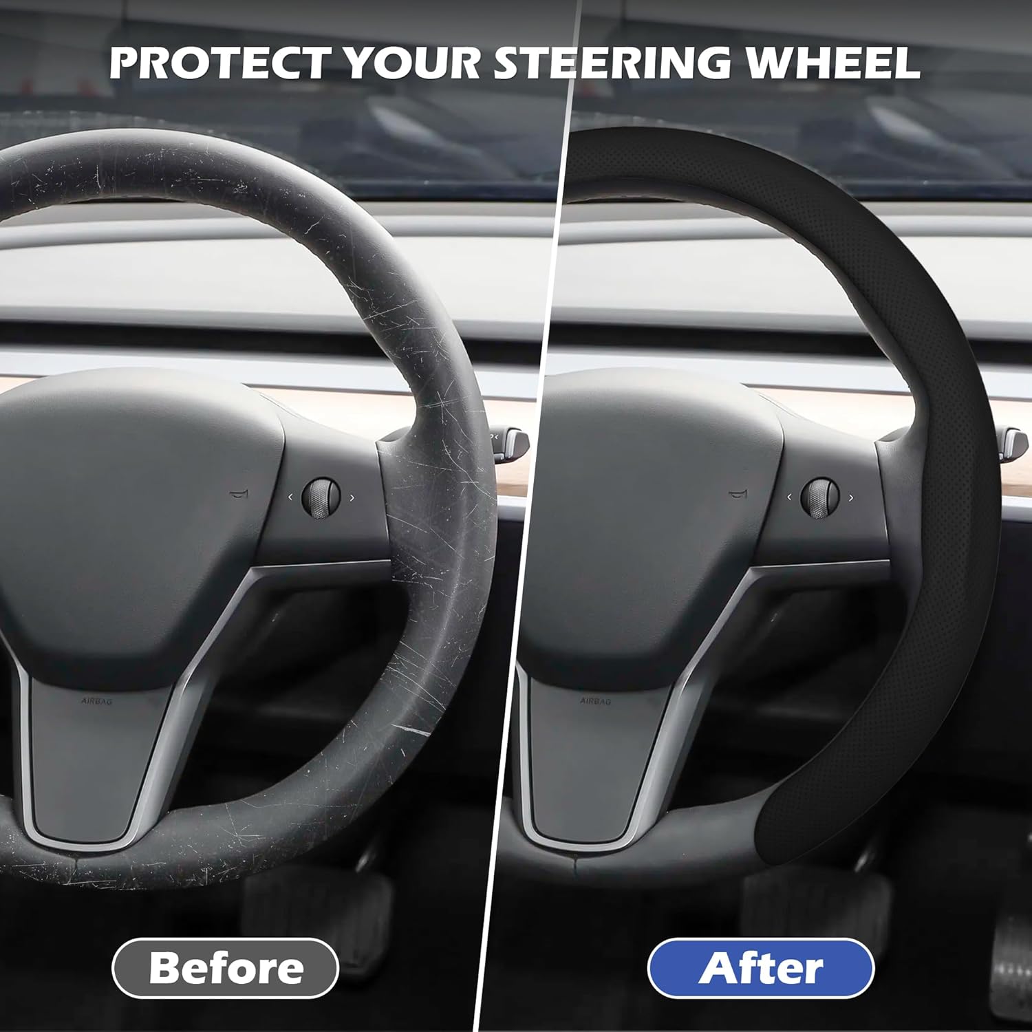 Thumbnail 1 de Frani Nappa Leather Steering Wheel Cover (Universal Fit 15 Inch) — Black Anti-Slip Comfort Grip