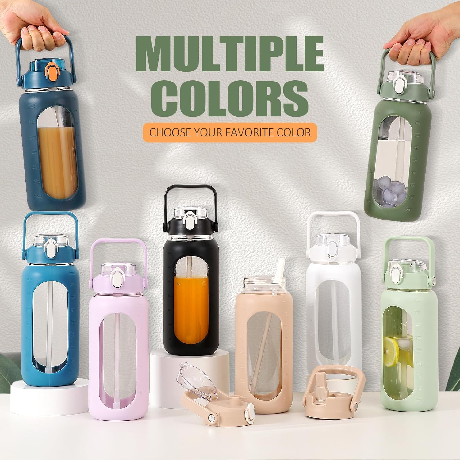 Thumbnail 6 de BLUEGO 2L Glass Water Bottle with Two Lids – Motivational 64oz Bottle for Gym, Home and Office