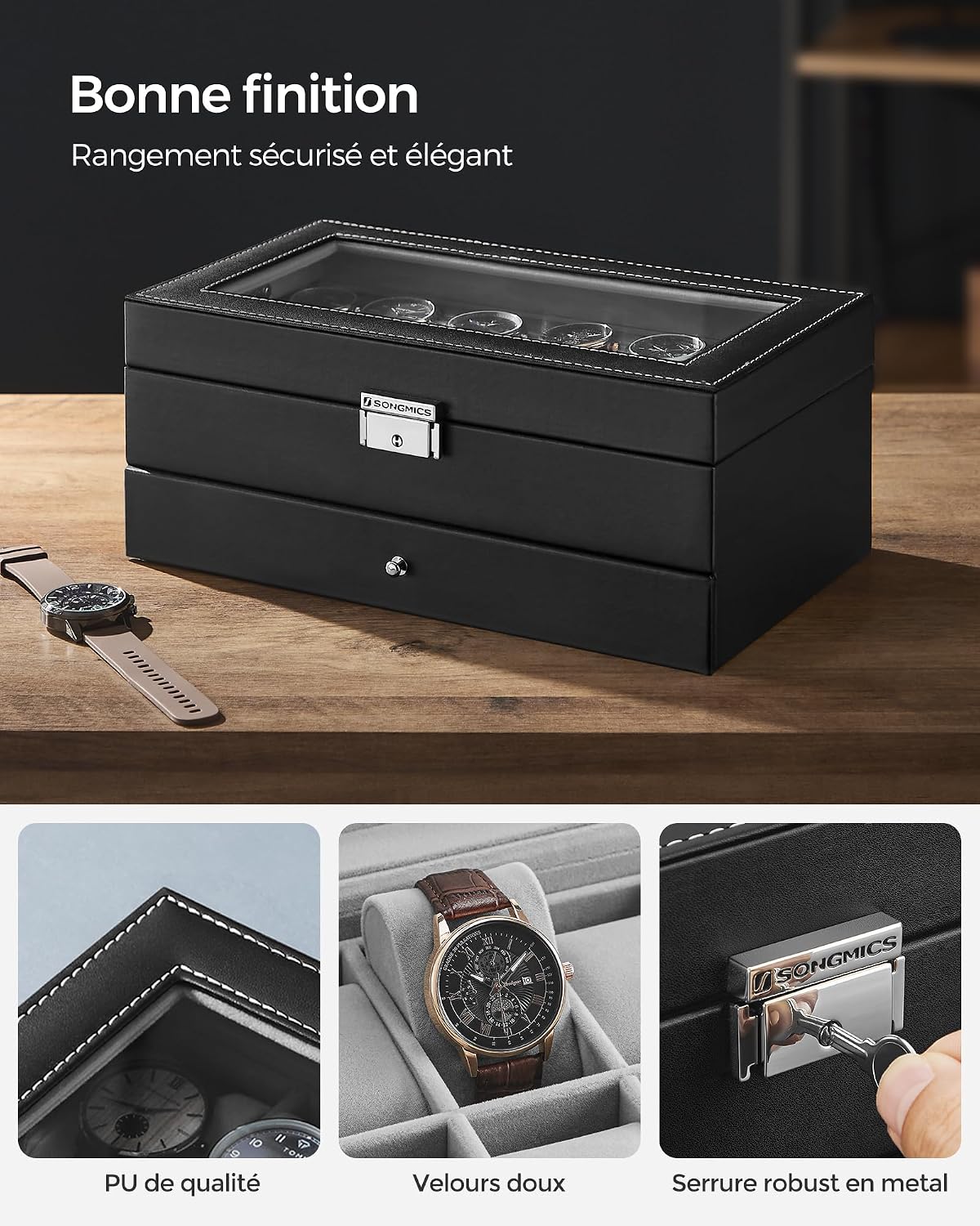 Thumbnail 3 de SONGMICS Boîte à Montres 12 montres PU Noir