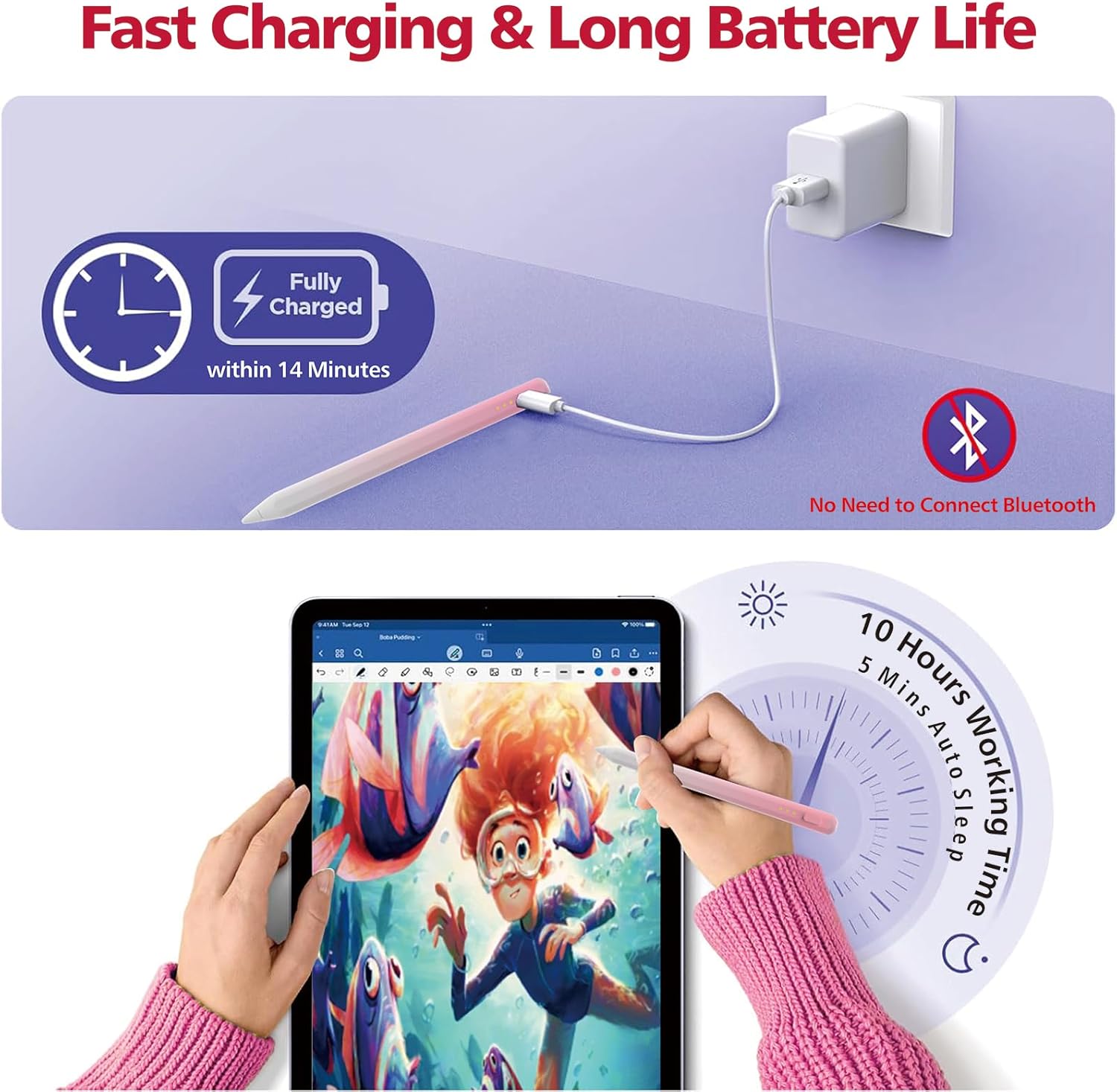 Thumbnail 5 de Milikilo Stylus Pen for iPad with 14‑Minute Fast Charge, Palm Rejection & Tilt Sensitivity (Pink)