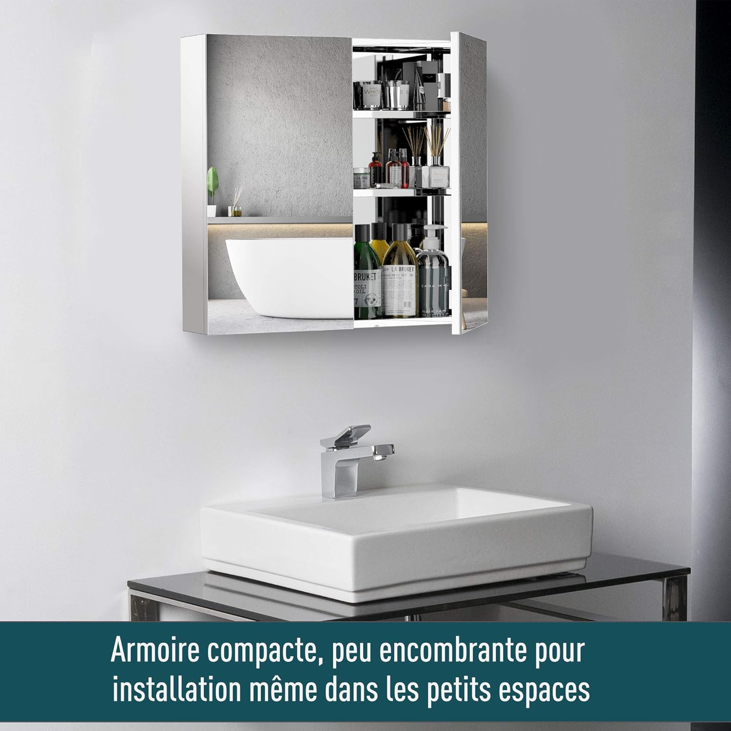 Thumbnail 3 de HOMCOM Armoire miroir en acier inoxydable 2 portes avec rangements pour salle de bain (60 x 12 x 55 cm)