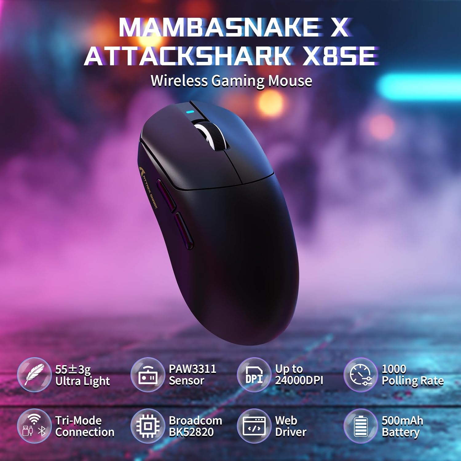 Detalle de MAMBASNAKE X ATTACK SHARK X8SE 55g: mouse da gioco wireless ultra-leggero con DPI 25000 e tripla connettività