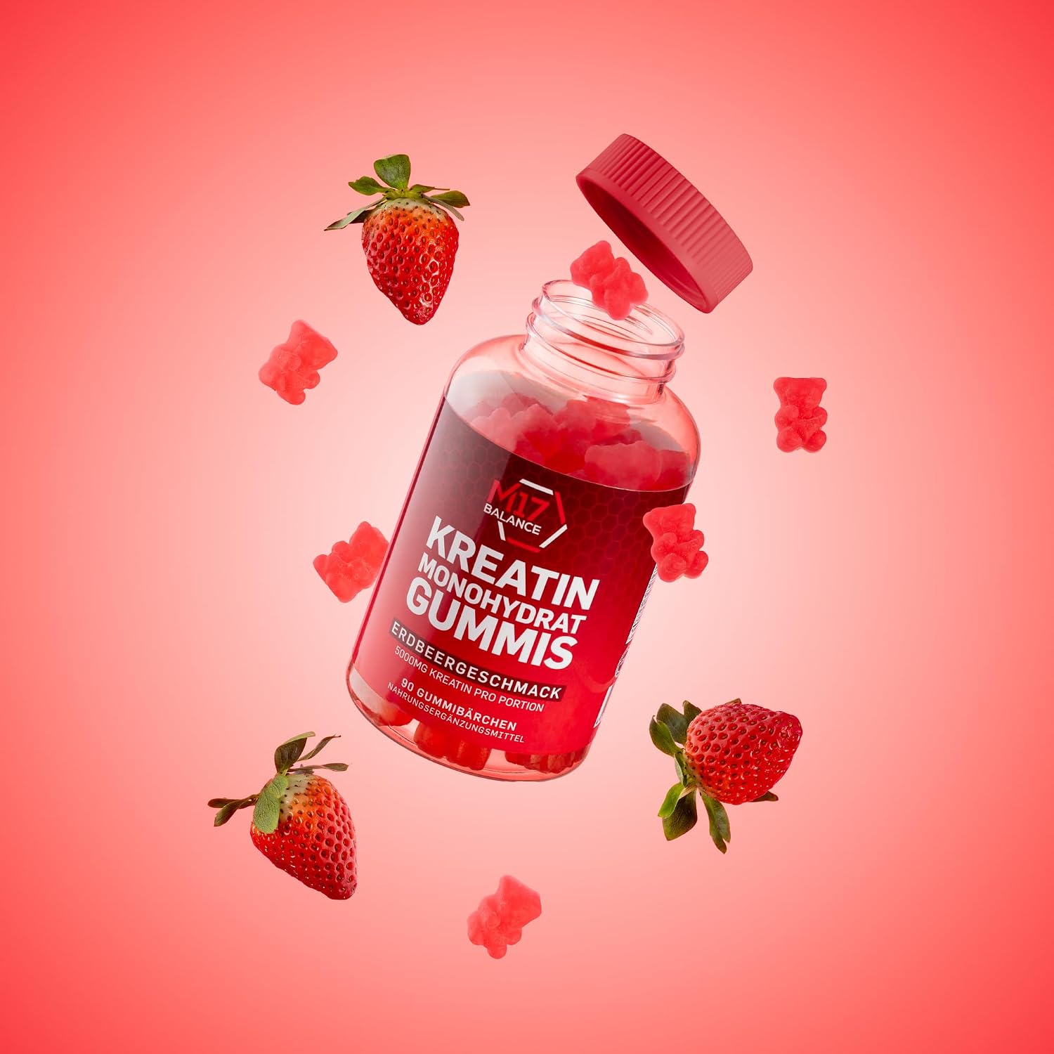 Detalle 2 de Creatin Monohydrat Gummibärchen mit 5.000 mg Kreatin & BCAAs/L-Carnitin – 30 Portionen (Erdbeere), zuckerfrei, vegan