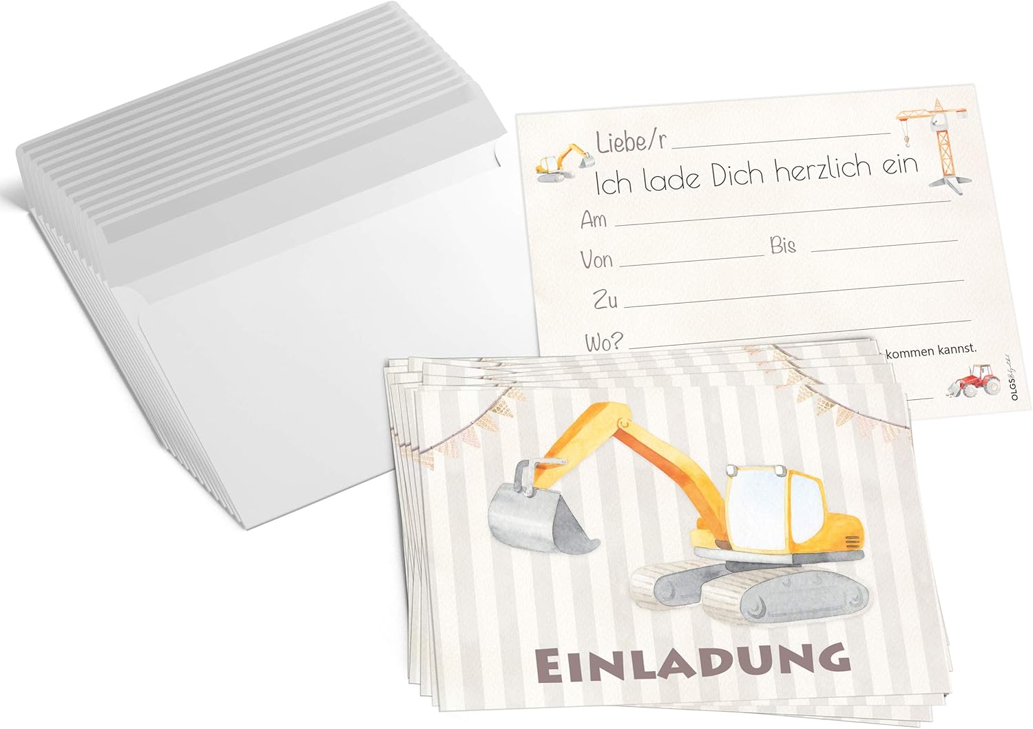 Thumbnail 1 de Aeuln Bagger & Baustellen Kindergeburtstag Einladungskarten-Set (12-teilig) inkl. Briefumschlägen, DIN A6