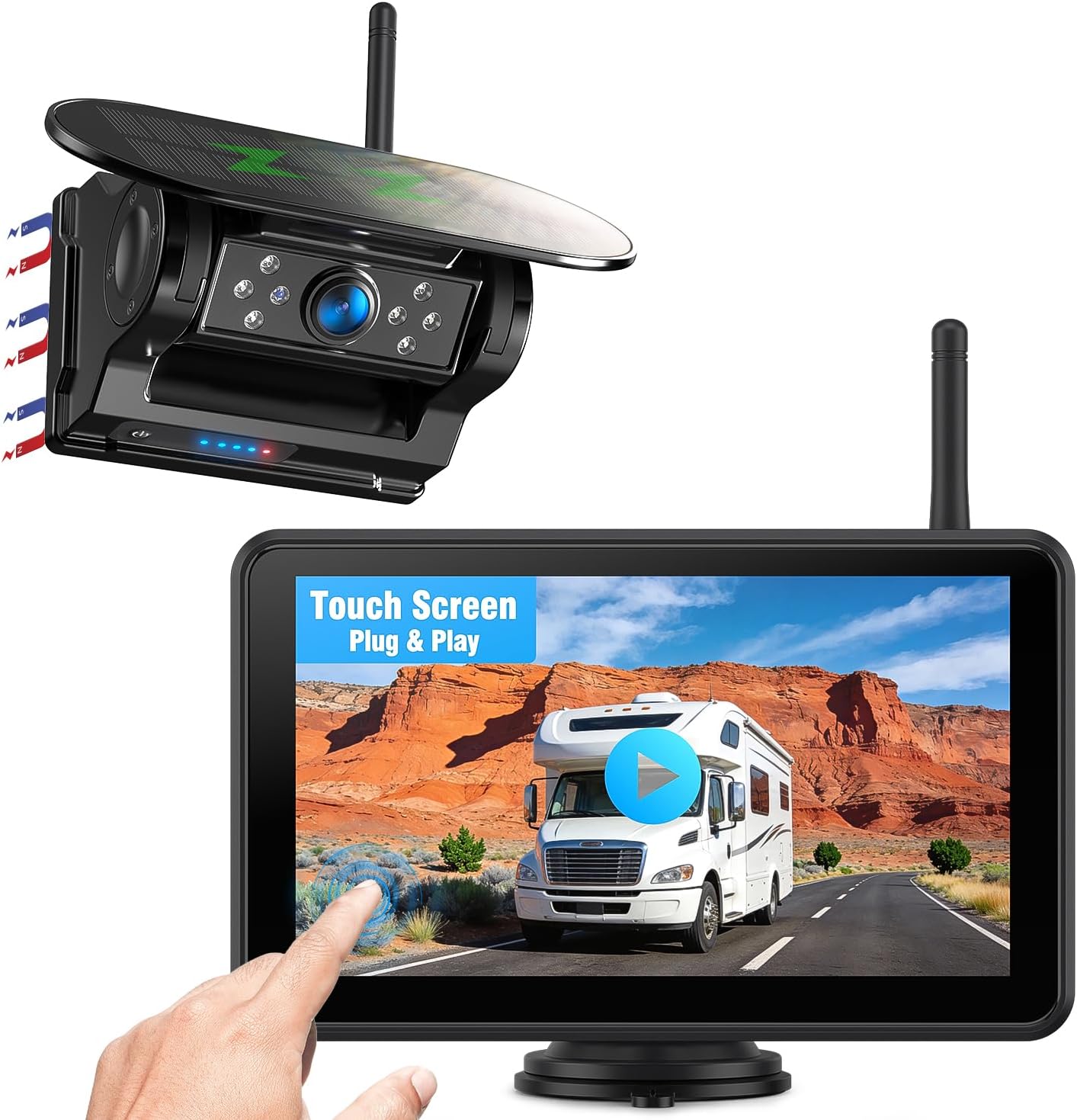 Detalle de Solar Powered Wireless Reversing Camera Kit 7" 1080P Touchscreen Monitor with DVR, BSD & IR Night Vision