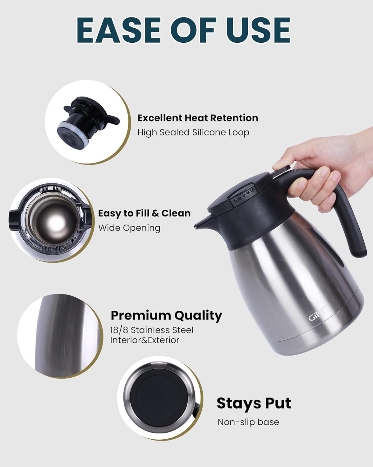 Thumbnail 1 de GiNT 34Oz Thermal Coffee Carafe (Double-Walled Vacuum Insulated Stainless Steel) – 1L Silver