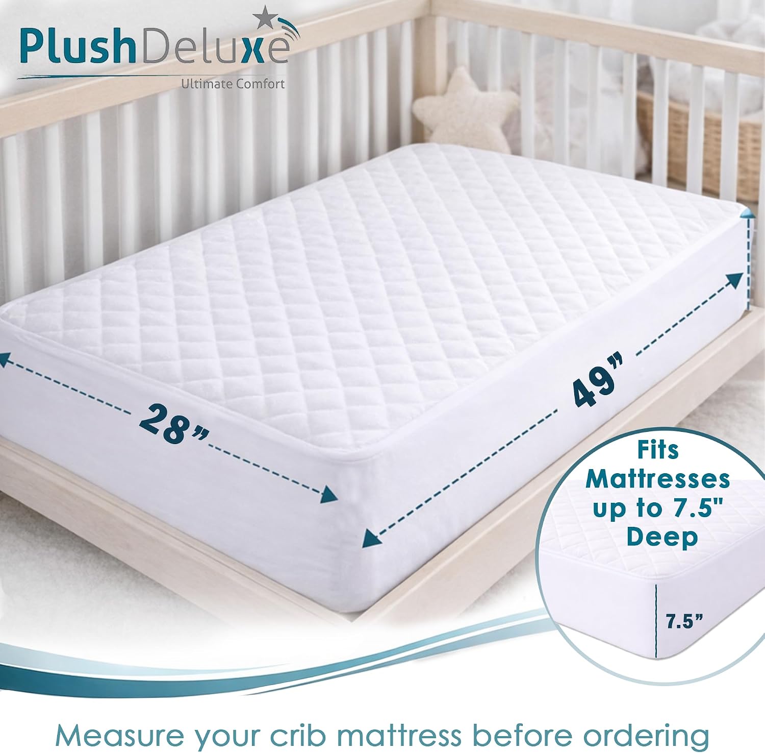 Thumbnail 1 de PlushDeluxe 4728 Crib Mattress Protector, Waterproof Bamboo Viscose, Quilted Cotton