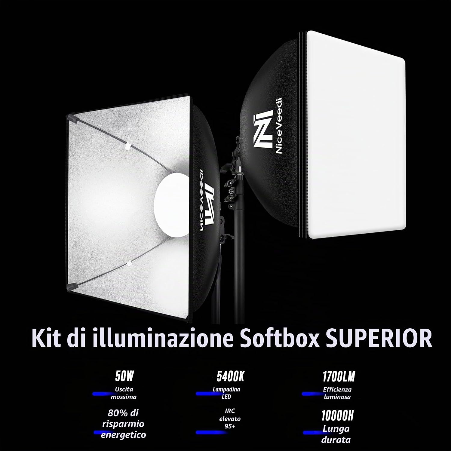 Thumbnail 1 de Softbox LED 50 W Kit con 40x40 cm, 150 cm Treppiede e 2 confezioni | Illuminazione continua versatile
