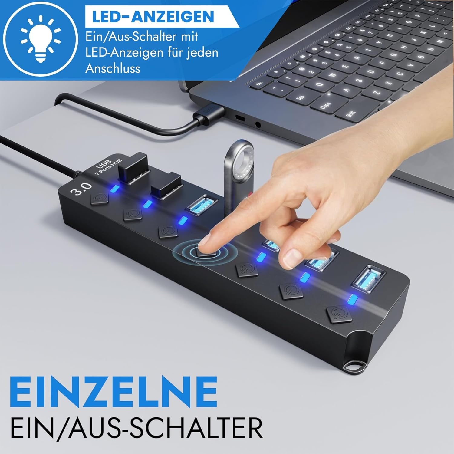 Thumbnail 3 de GLOBAL TECH 7-Port USB Hub 3.0 mit Ein/Aus-Schaltern & LED-Anzeigen (USB-Verteiler, 7 Ports)