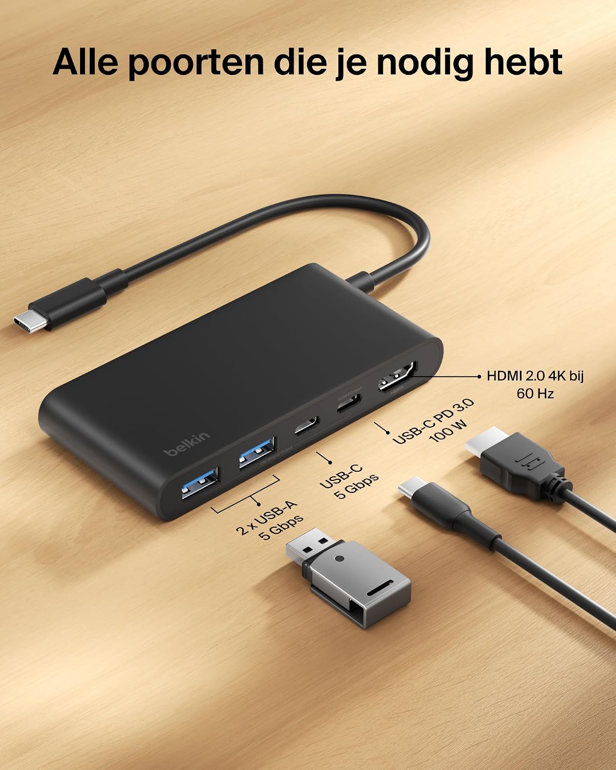 Detalle de Belkin AVC022hqBK USB-C-hub met HDMI 4K@60Hz en 100W Power Delivery