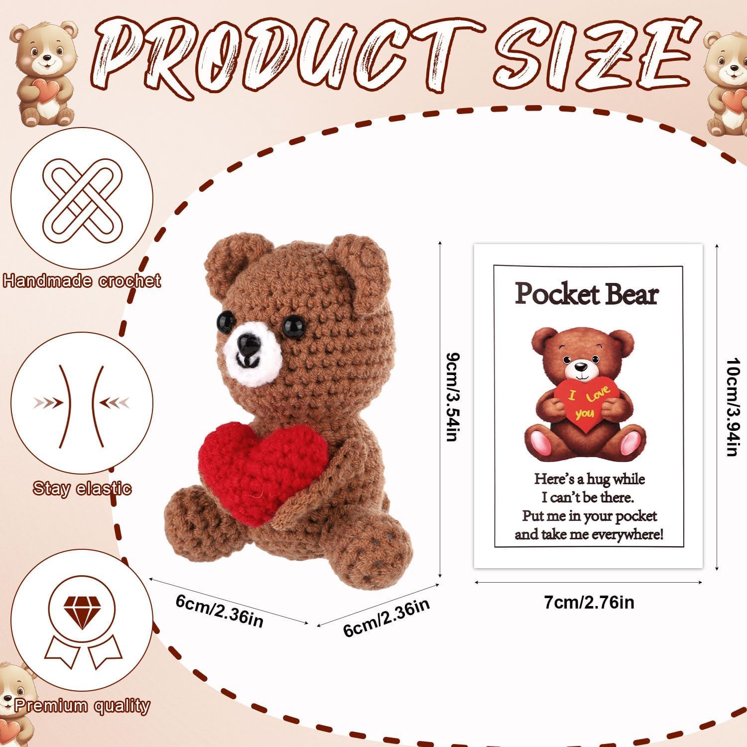 Detalle de ALUNME Positive Bear with Love Heart: Handmade crochet plush with a comforting hug