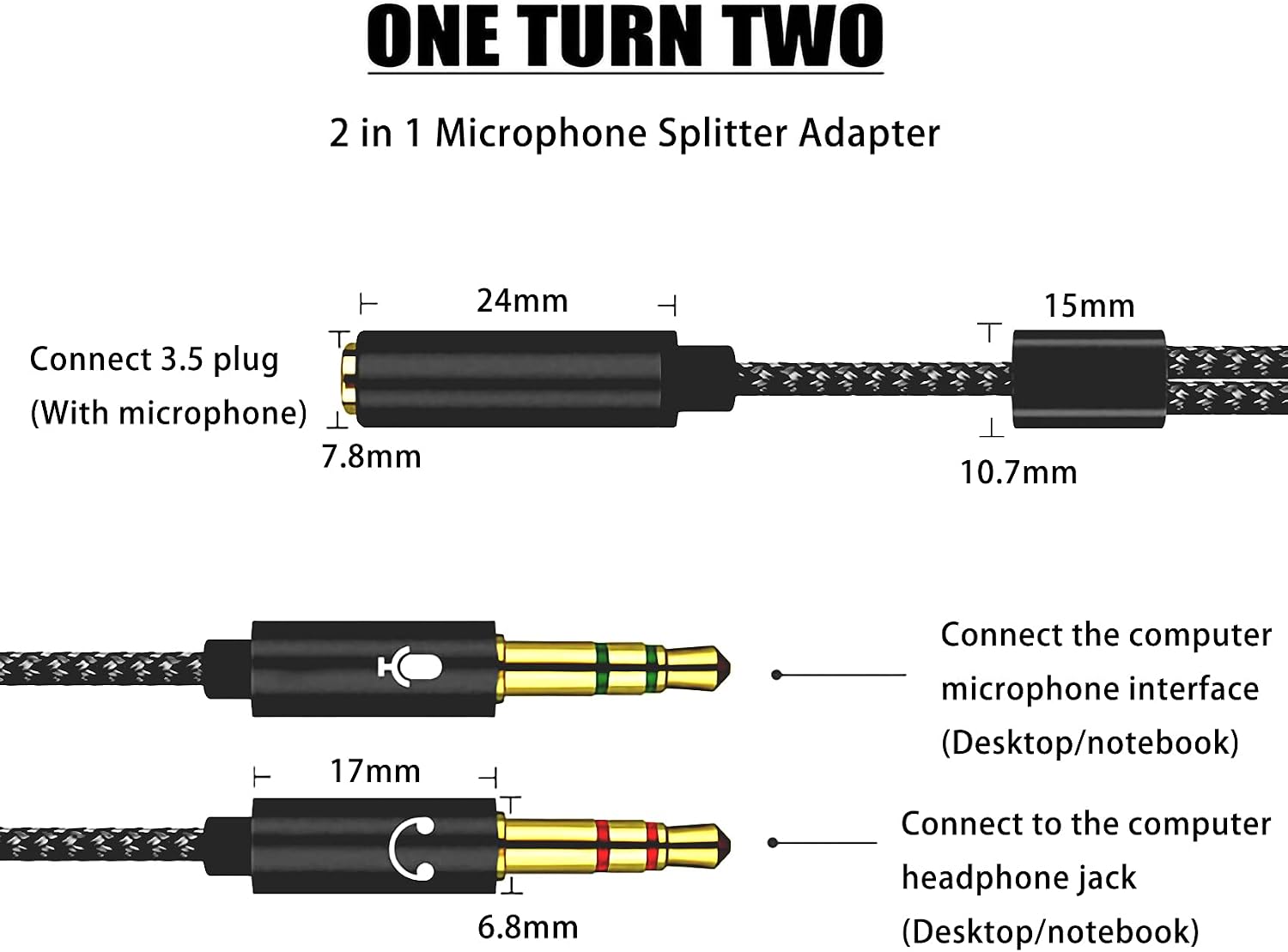 Detalle 2 de JeoPoom 2 in1: Cavo Adattatore Splitter 3,5 mm per Notebook/PC – Jack maschio a due femmine