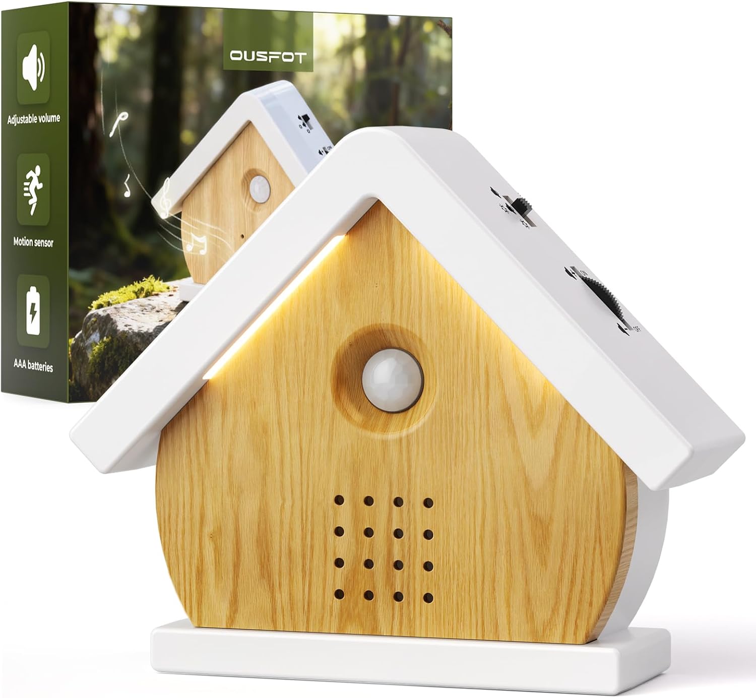 Detalle de OUSFOT GT-BSB04 bewegingsmelderbox met 9 natuurgeluiden en licht