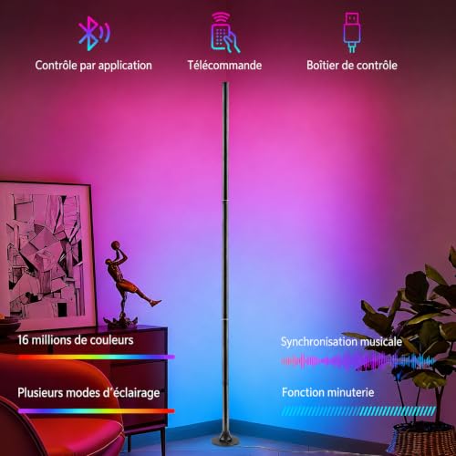 Detalle de Aogled Lámpara de Pie LED RGB regulable con mando y App, 120 cm, 16M colores y sincronización musical