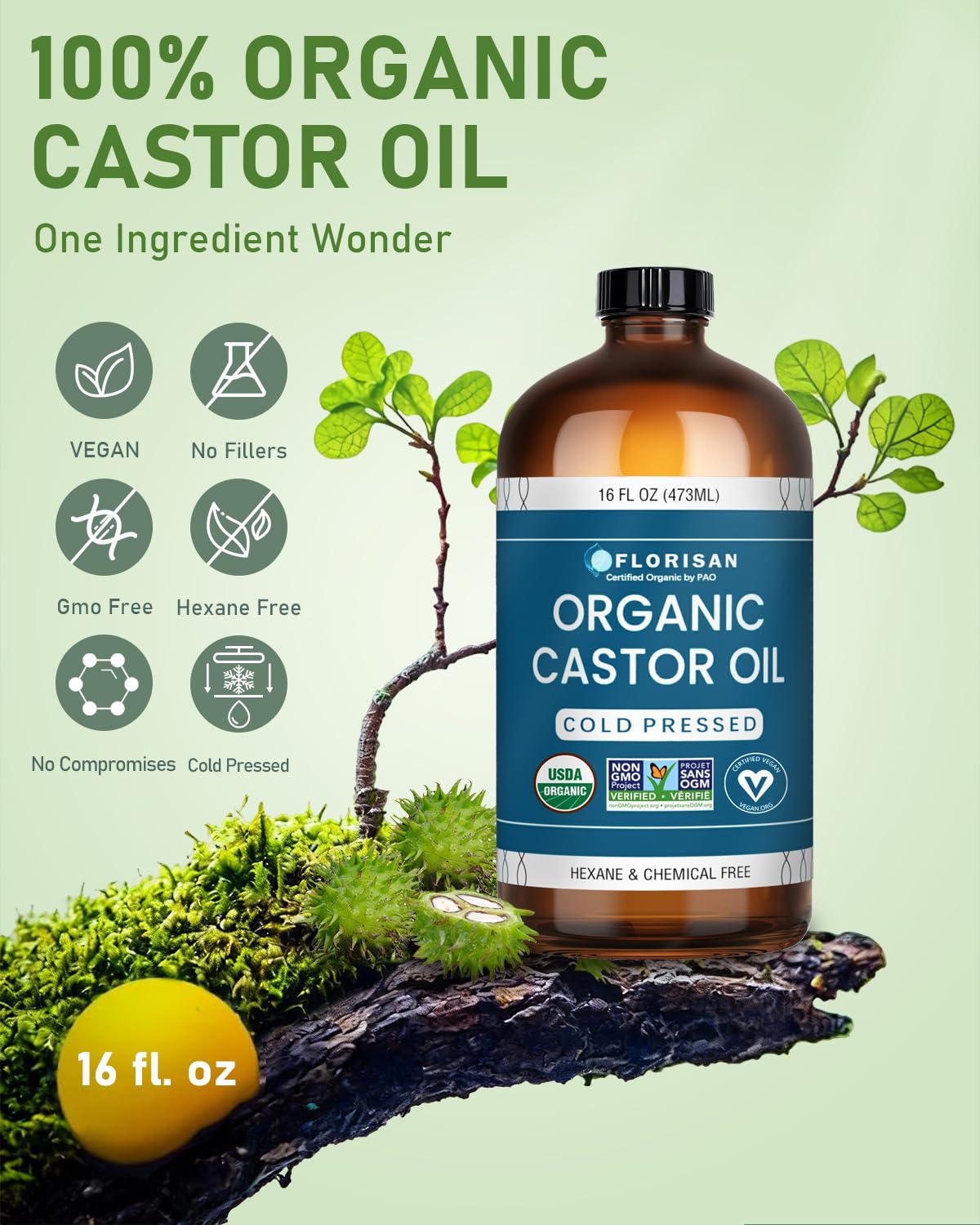 Detalle de Florisan Organic Castor Oil 16oz – Cold Pressed, Hexane-Free, USDA Organic & EWG Verified