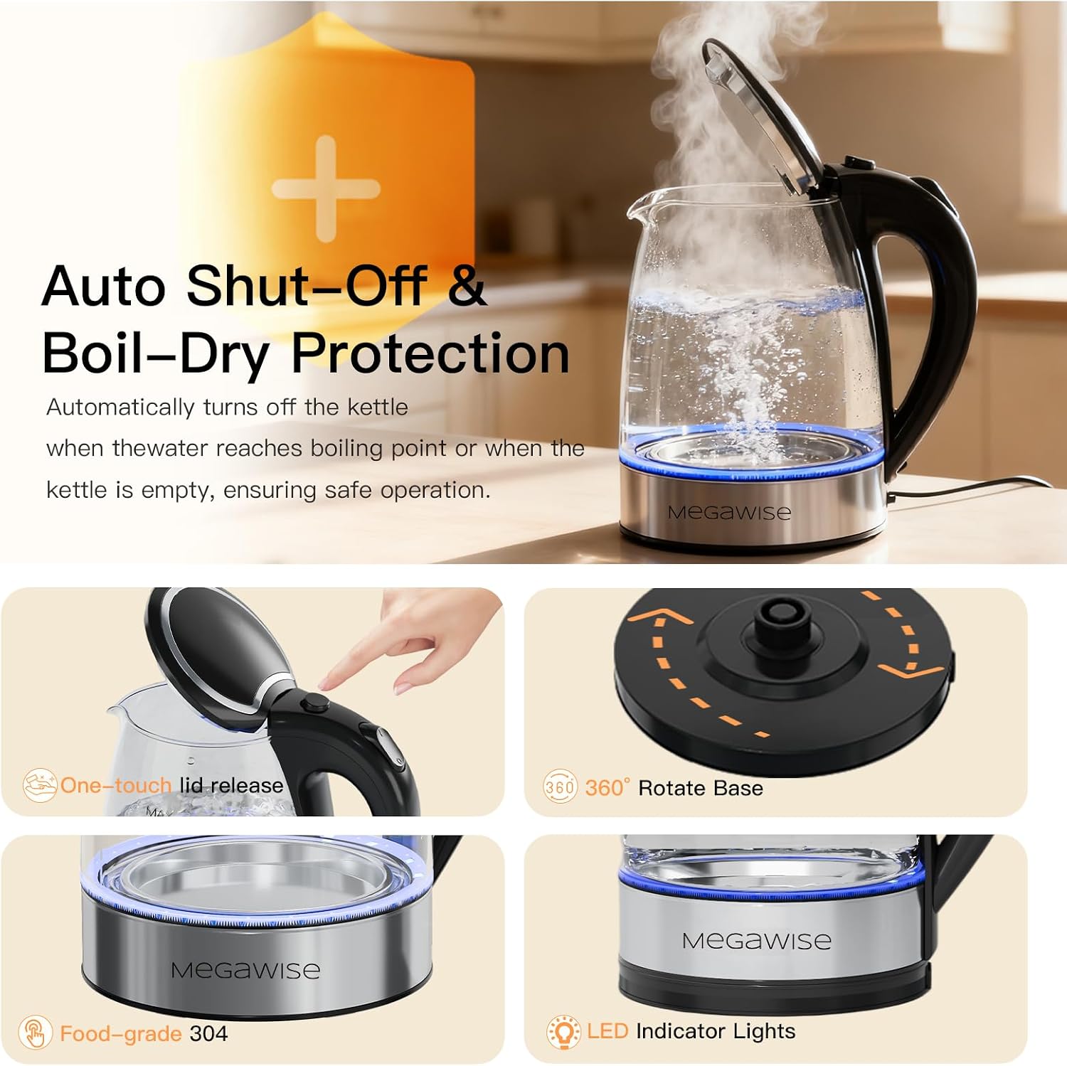 Thumbnail 4 de MEGAWISE 1.8L Healthy Electric Kettle (1800W) Borosilicate Glass, BPA-Free, Auto Shut-Off & Boil-Dry Protection
